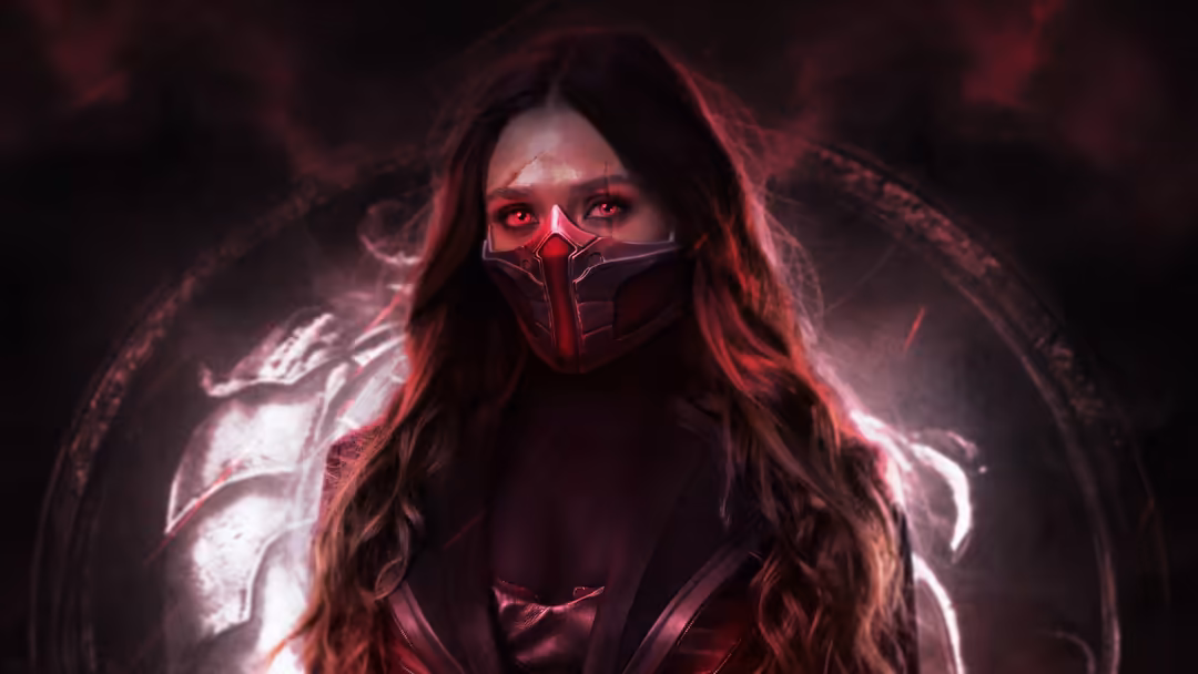Woman with long dark hair wearing a red futuristic mask against dark background with glowing red neon lighting effects and et