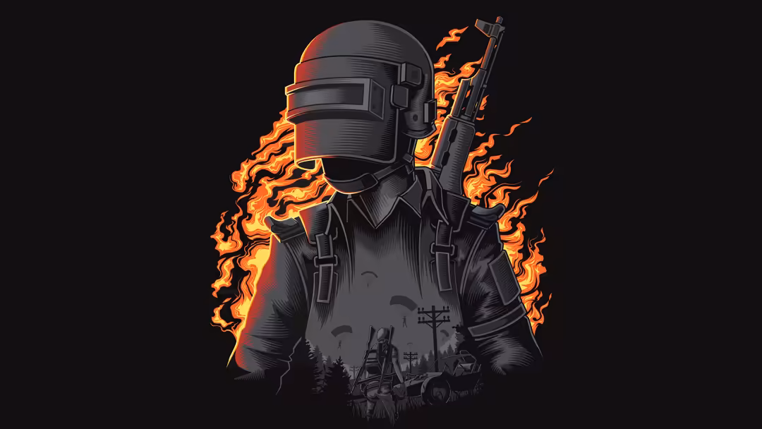 Armed soldier in tactical gear with glowing orange flames surrounding silhouette, holding rifle against dark background with