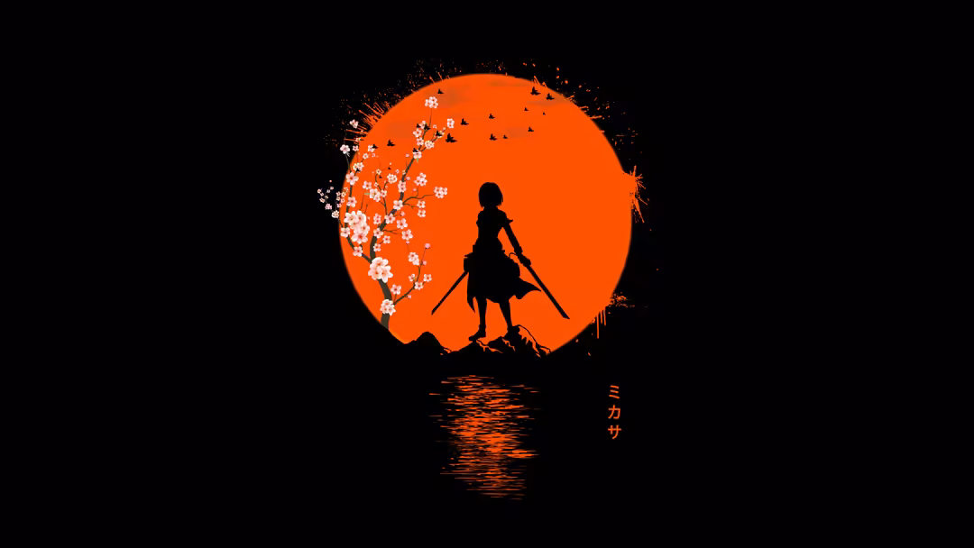 Mikasa Ackerman silhouette wielding dual swords against a massive glowing orange moon with cherry blossoms and birds in black