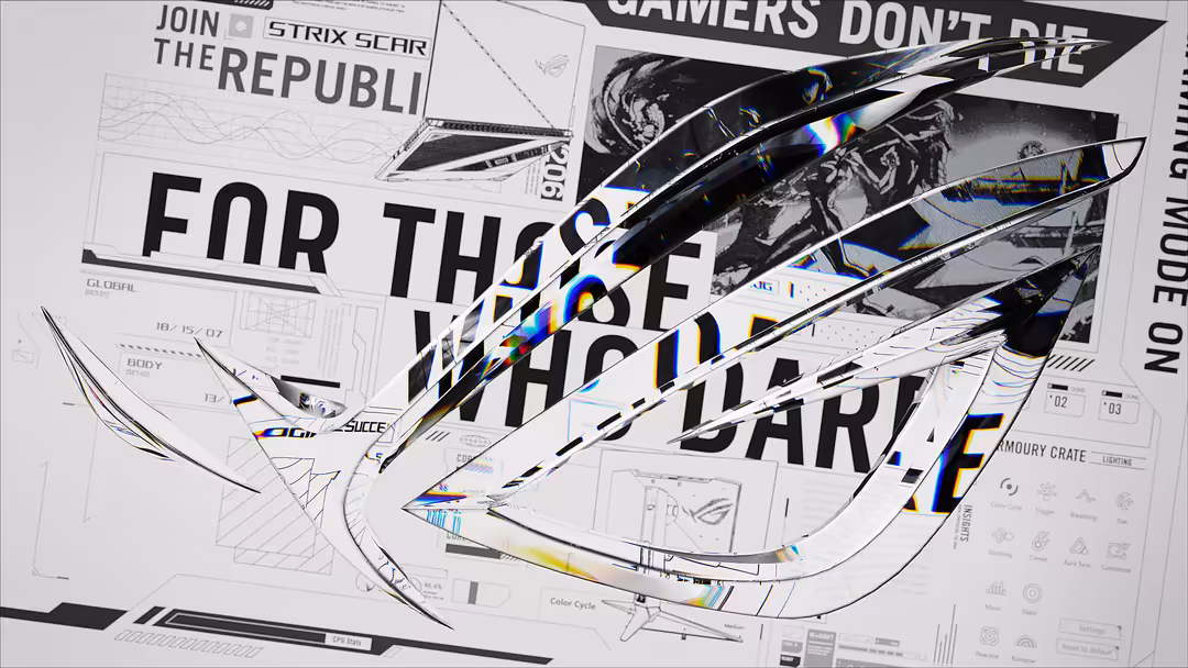 Abstract digital collage with glitched gaming elements, mechanical parts, and colorful RGB effects on grayscale technical blu