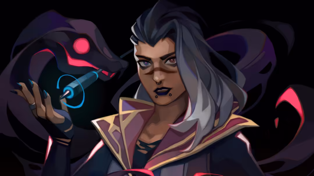 Fade from Valorant wearing a dark coat with neon pink and blue accents, holding a futuristic device with glowing elements aga