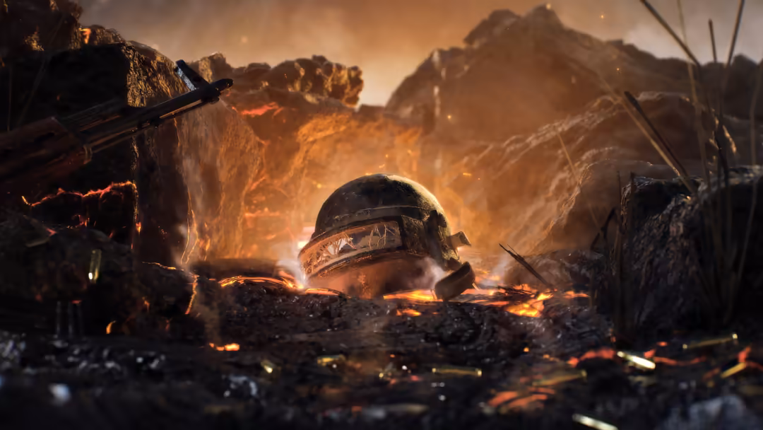 Abandoned military helmet in fiery warzone wreckage with burning mountains and destroyed landscape, intense combat atmosphere