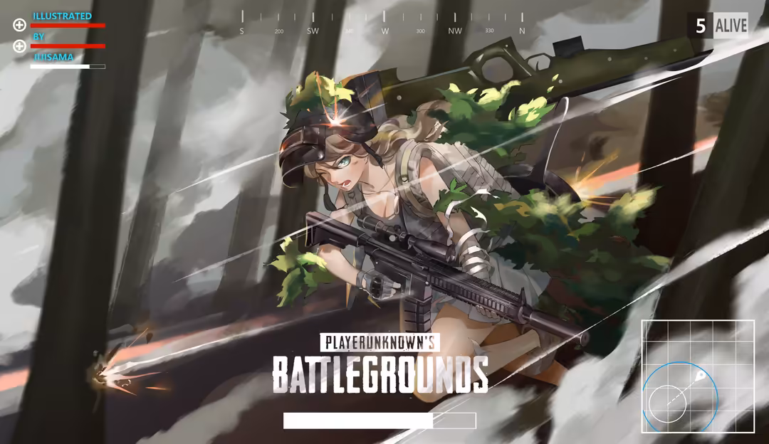 Anime-style female soldier with tactical gear holding assault rifle in combat pose with glowing effects and game HUD overlay