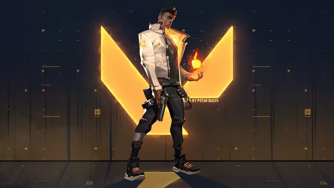 stylized video game character in white jacket and black tactical gear holds a glowing yellow orb against bright neon wings…