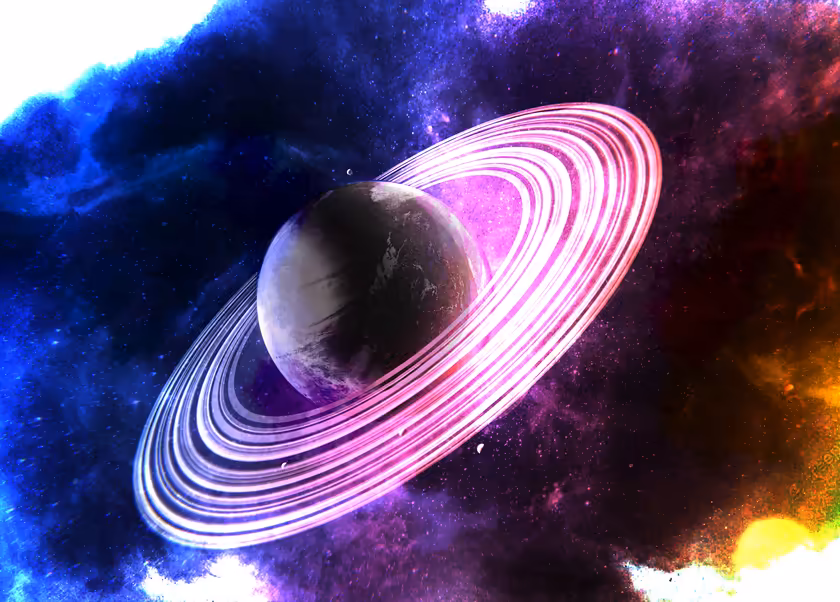 Neon Saturn With Glowing Rings