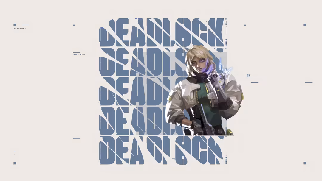 Deadlock agent from Valorant with blonde hair, tactical gear, and weapon, featuring repeated blue text pattern on cream backg