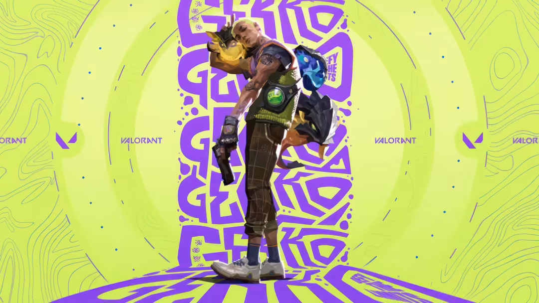 Gekko character from Valorant game standing confidently with purple and neon green geometric background design