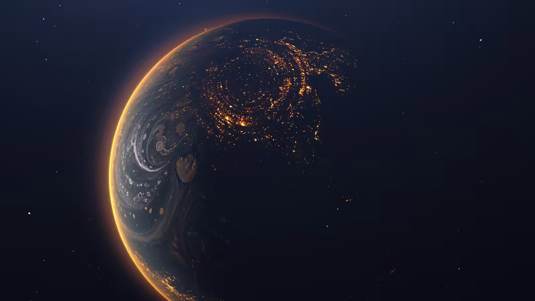 Alien planet with golden glowing city lights and atmospheric glow against dark cosmic space with distant stars