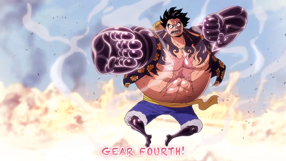 Monkey D. Luffy in Gear Fourth form with massive purple inflated fists, muscular transformation, glowing effects, against clo