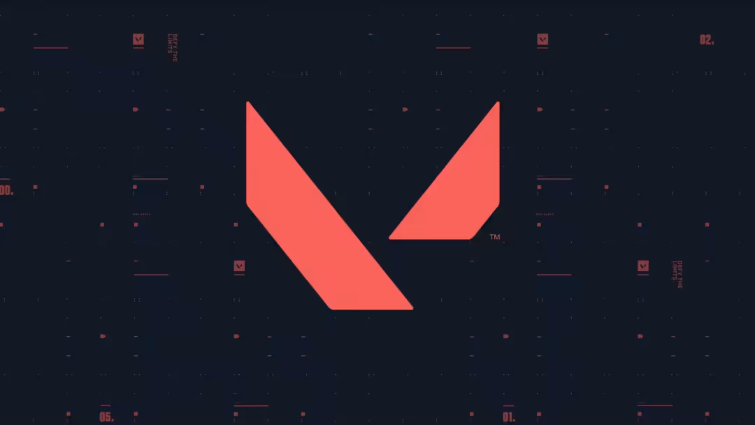 Coral-red angular V logo centered on dark navy background with scattered tech elements and small red geometric shapes.