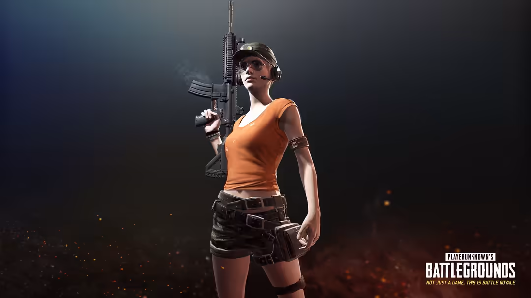 “PUBG character holding weapon with official logo in battlegrounds setting, HD gaming wallpaper.”