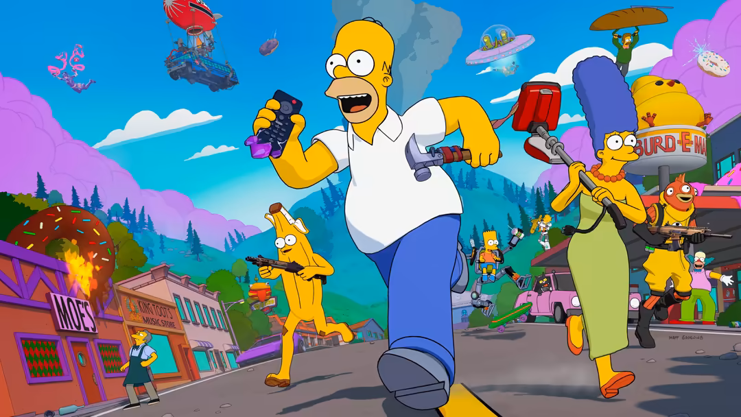 Fortnite characters in vibrant landscape with weapons, vehicles, and colorful buildings in a chaotic action scene.