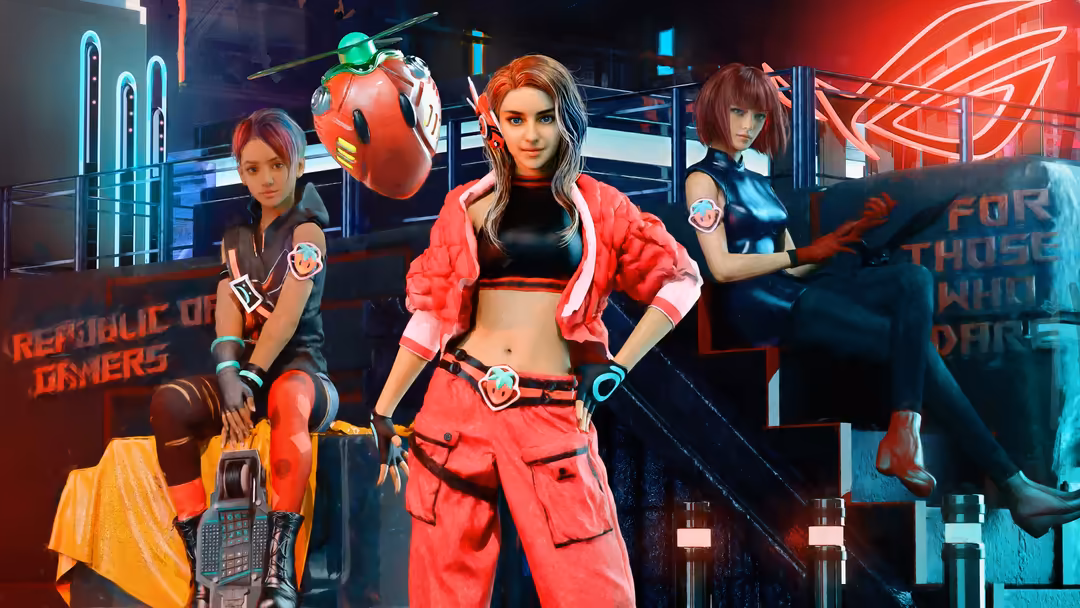 Neon Cyberpunk Girls Gaming Squad — horizontal neon city 4K wallpaper