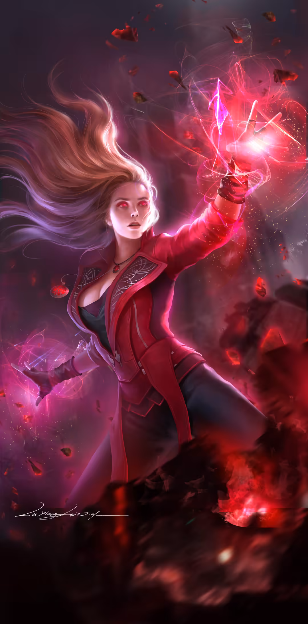 Woman with flowing purple hair wielding glowing pink neon energy, wearing red jacket against dark atmospheric background with