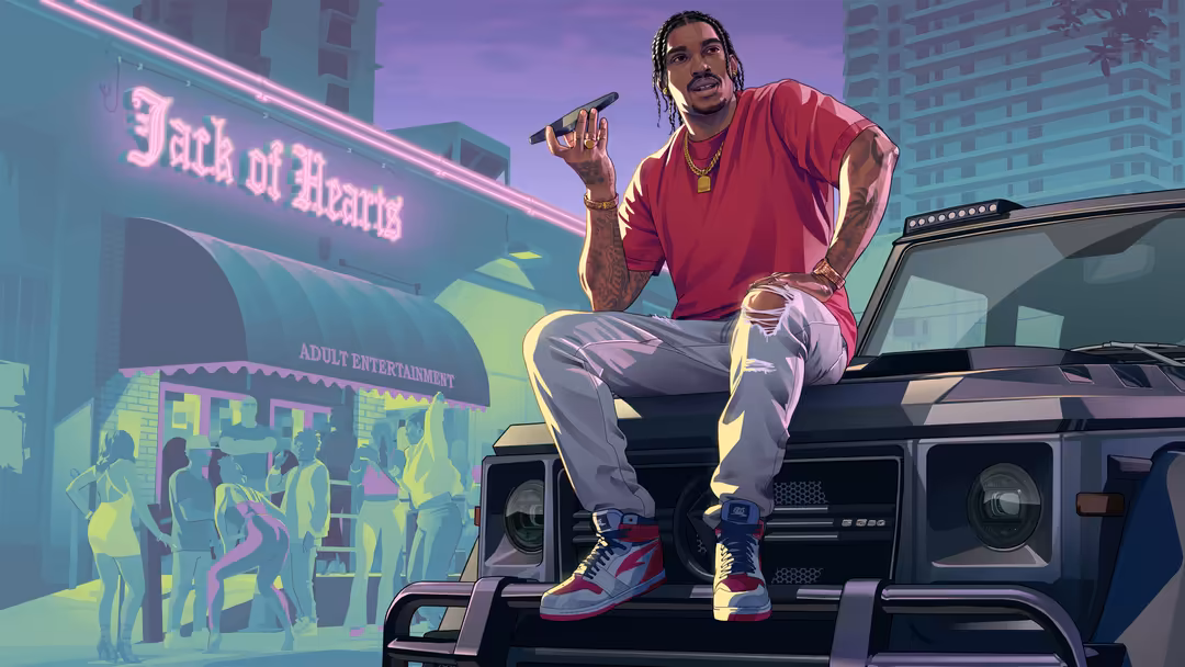 Man in red shirt sitting on SUV hood in neon-lit urban street with Jack of Hearts sign and yellow-lit crowds in background