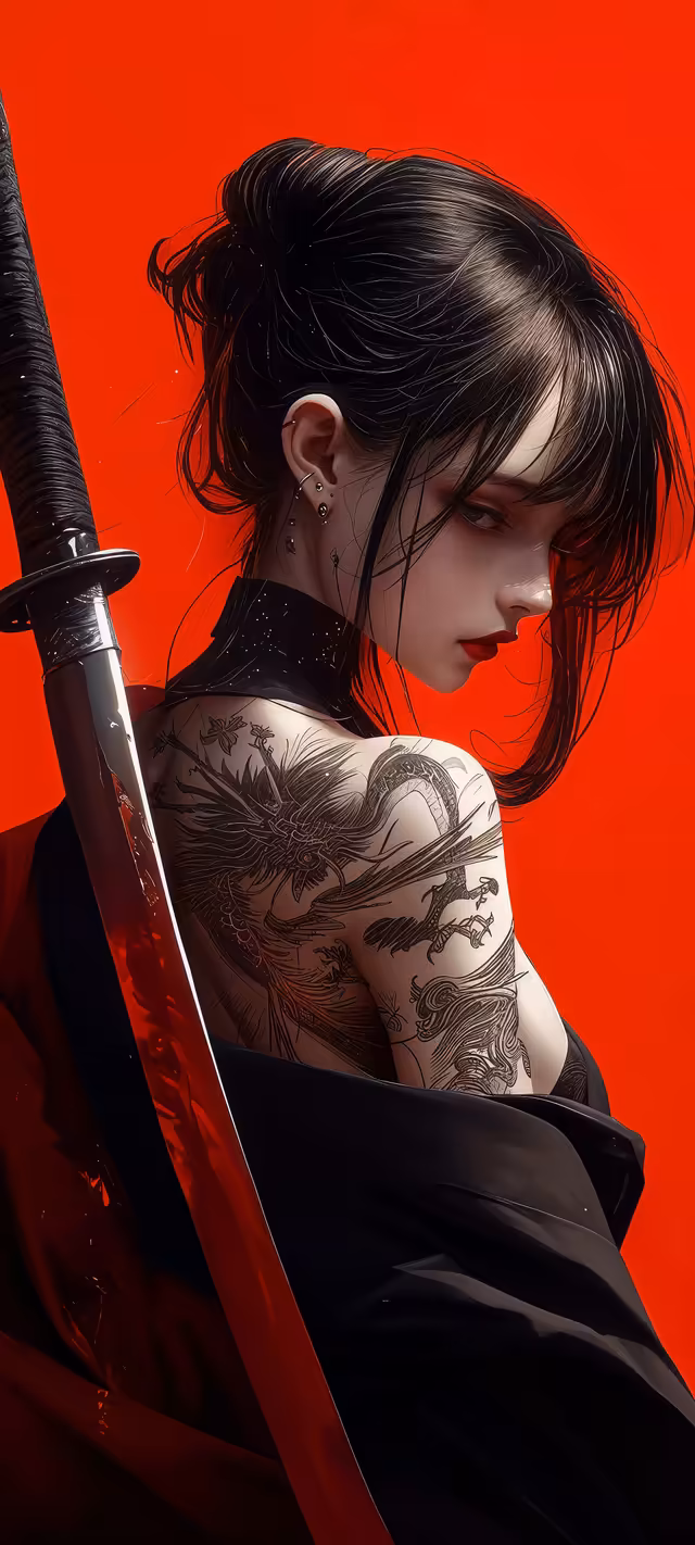 Dragon Tattoo Warrior Girl with Sword – Bold Red Wallpaper