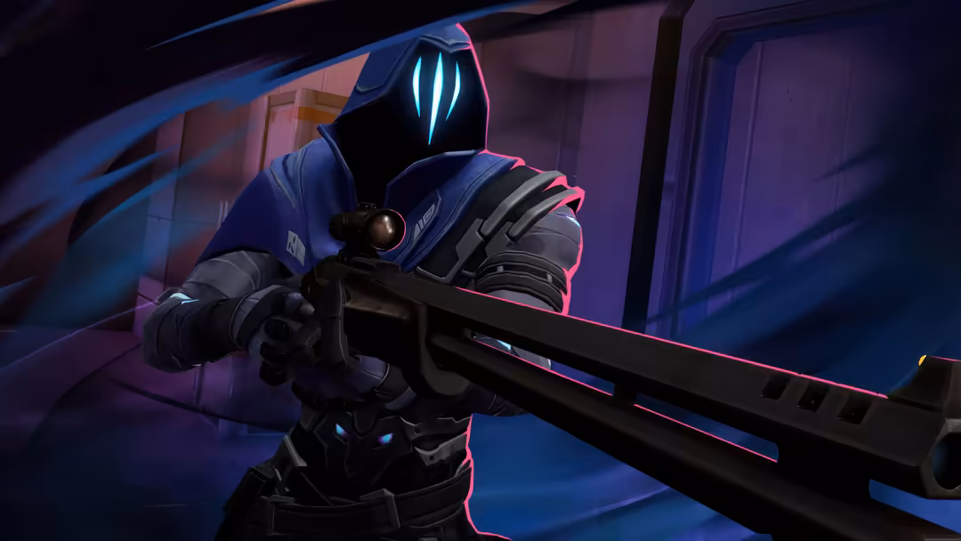Futuristic tactical agent Omen from Valorant with glowing cyan visor and neon pink accents, holding advanced weaponry in a cy