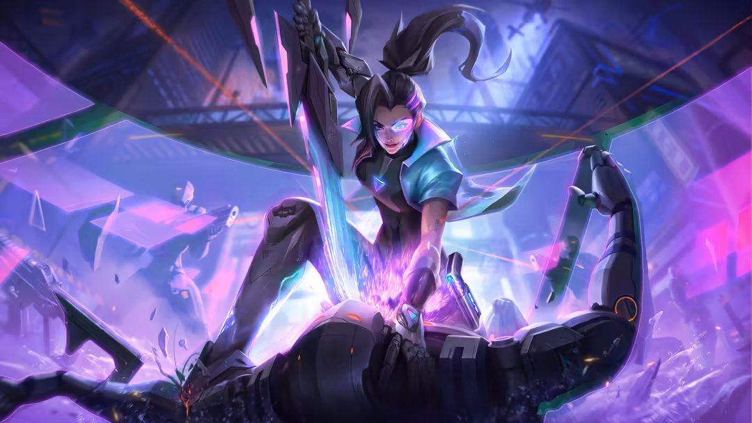 Mystical female character with flowing hair and glowing purple neon energy, wielding magical powers in a futuristic fantasy s
