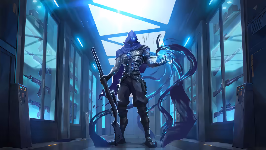 Futuristic armored character Omen wielding energy weapon in glowing neon corridor with blue cyan lighting