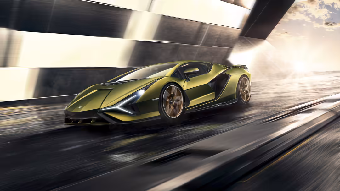 Gold metallic Lamborghini Sián FKP 37 supercar driving at high speed through modern tunnel with motion blur effect