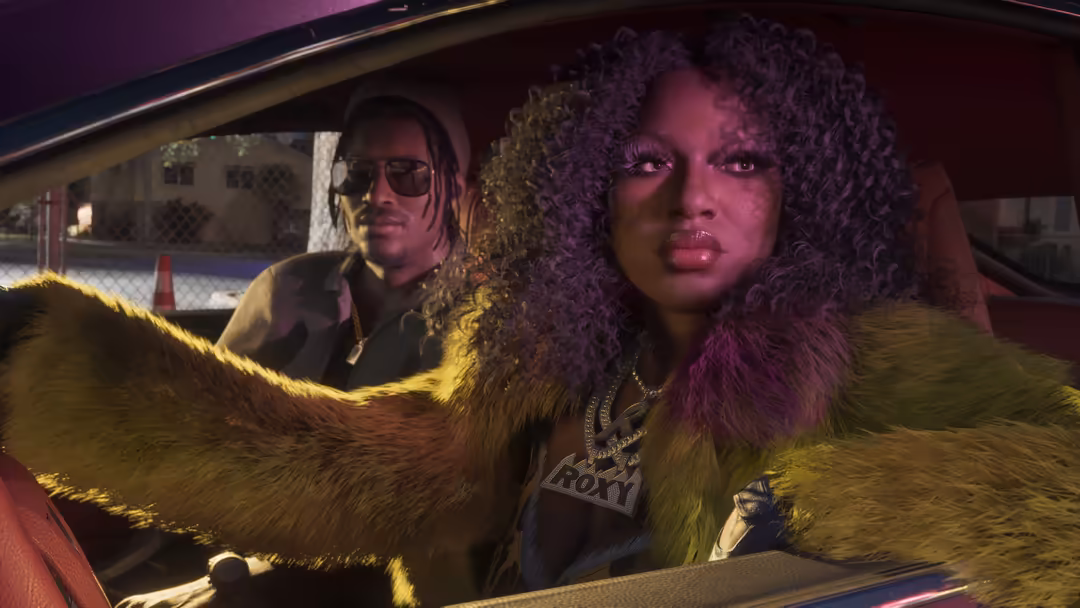 Two stylish characters in a luxury car with neon purple and gold lighting, wearing fashionable outfits and sunglasses in an u