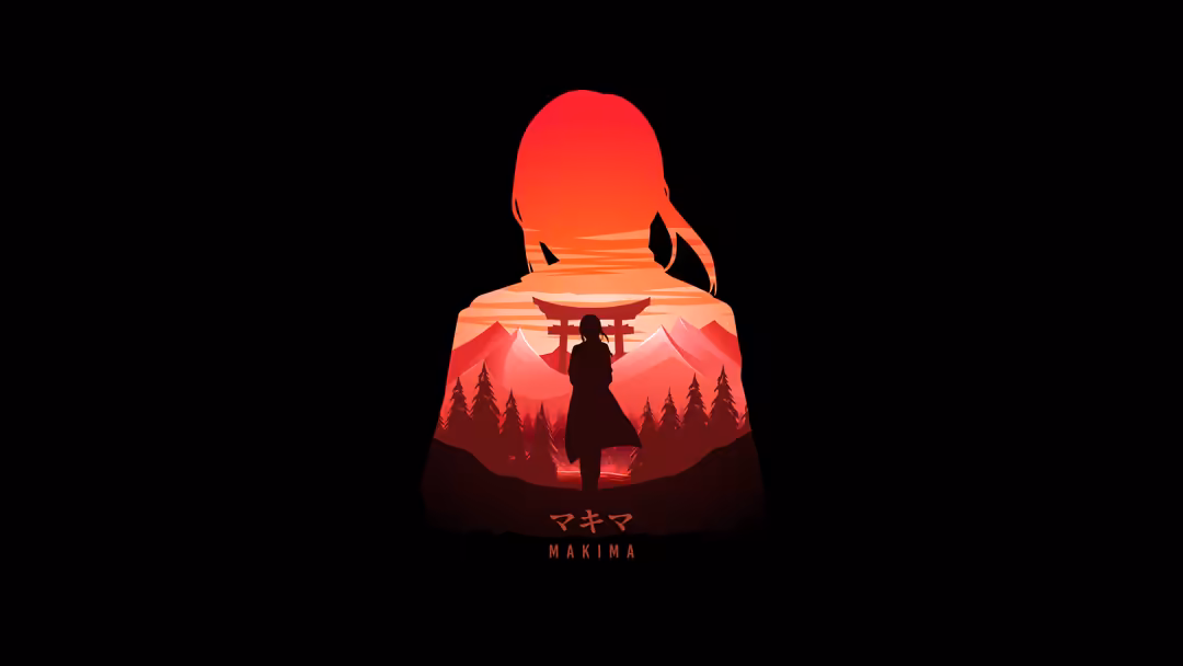 Makima silhouette with flowing red hair against a dramatic sunset landscape featuring mountains, forest, and a Japanese torii