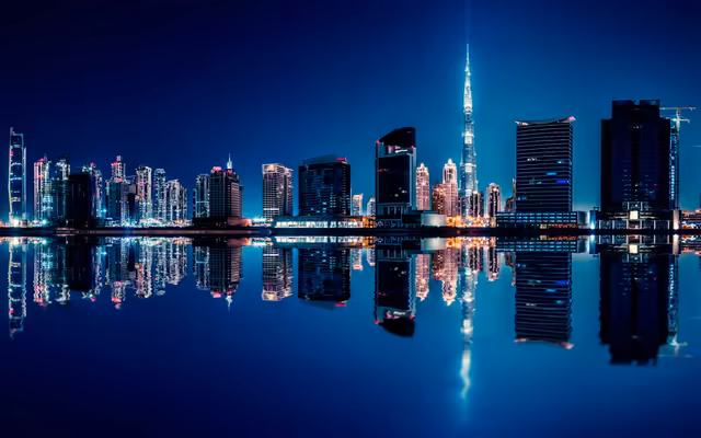 Dubai Skyline Night Reflection Blue