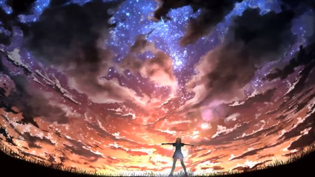Silhouetted figure standing with arms outstretched beneath a dramatic cosmic sky filled with glowing stars and swirling nebul