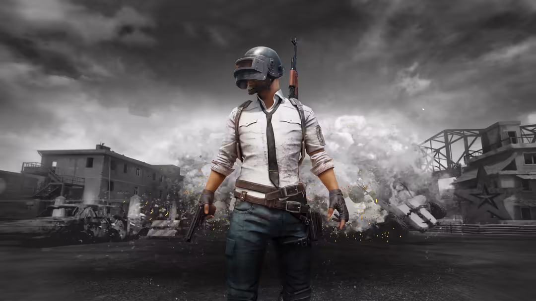 Soldier in tactical gear standing in devastated urban battlefield with explosions and ruins behind them