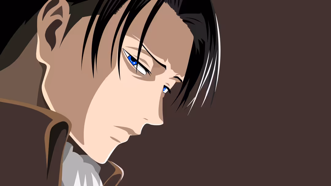 Levi Ackerman from Attack on Titan shown in contemplative profile with short black hair, piercing blue eyes, and serious expr