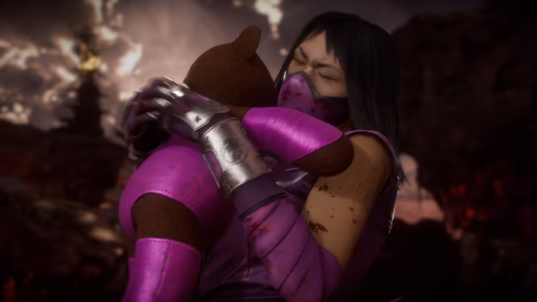 Animated character in purple armor gently embracing a brown creature in a warm, emotional moment of friendship and connection