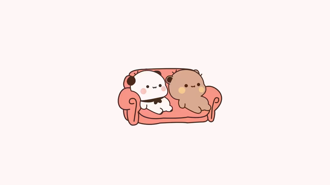 Two adorable cartoon bears sitting on a pink couch with closed eyes and gentle smiles against a soft pastel pink background i