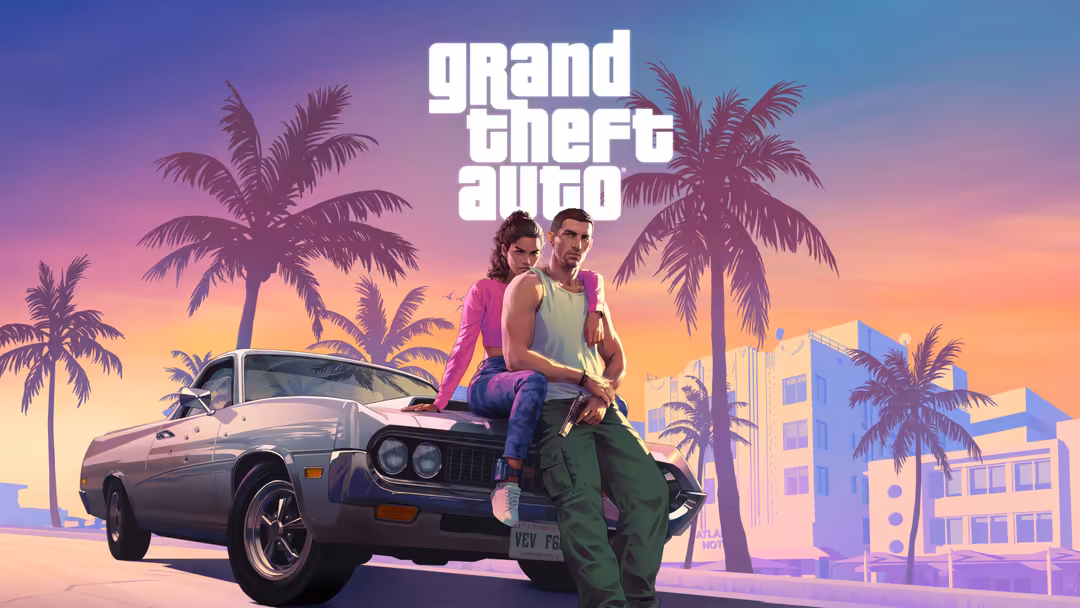 GTA VI promotional artwork featuring two characters posing on a classic car against a vibrant purple and orange sunset with p