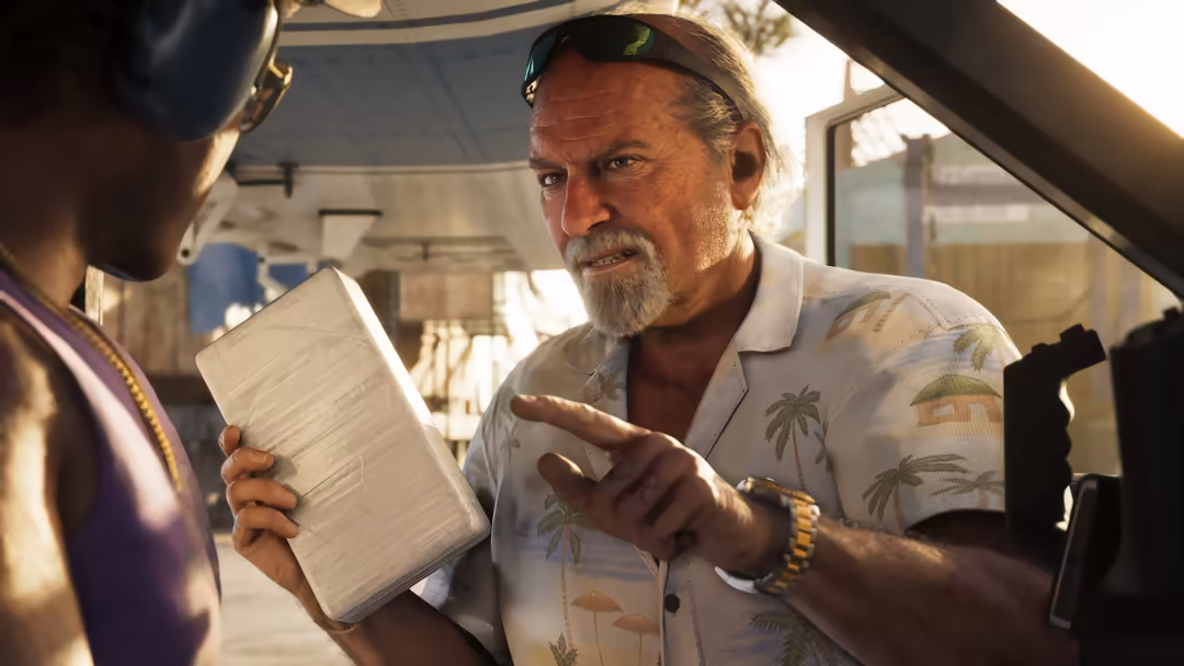 Bearded man in tropical shirt holding clipboard, confronting woman in car interior with sunlit ambiance