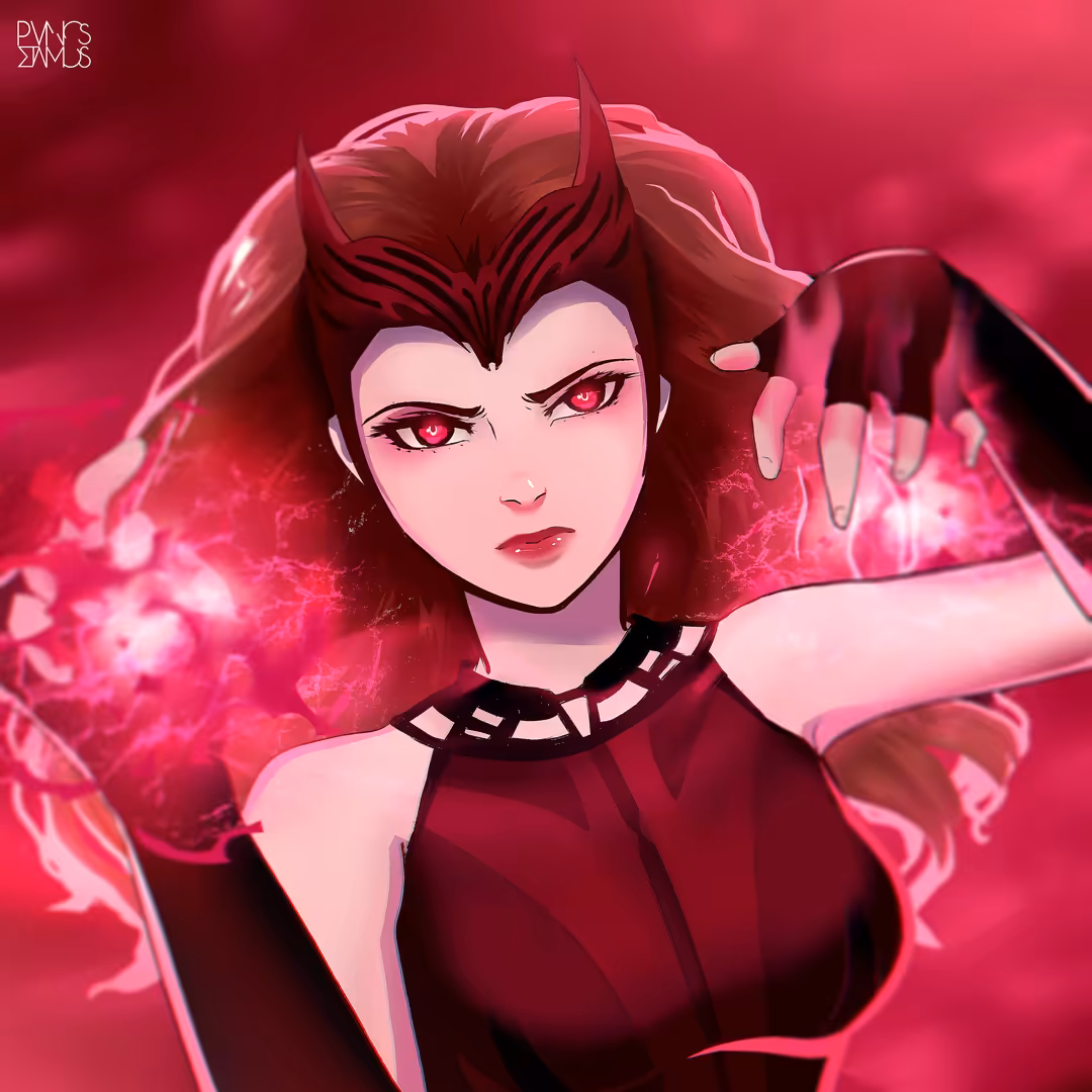 Anime-styled character with crimson horns and pink glowing wings against a vibrant magenta background with dramatic lighting