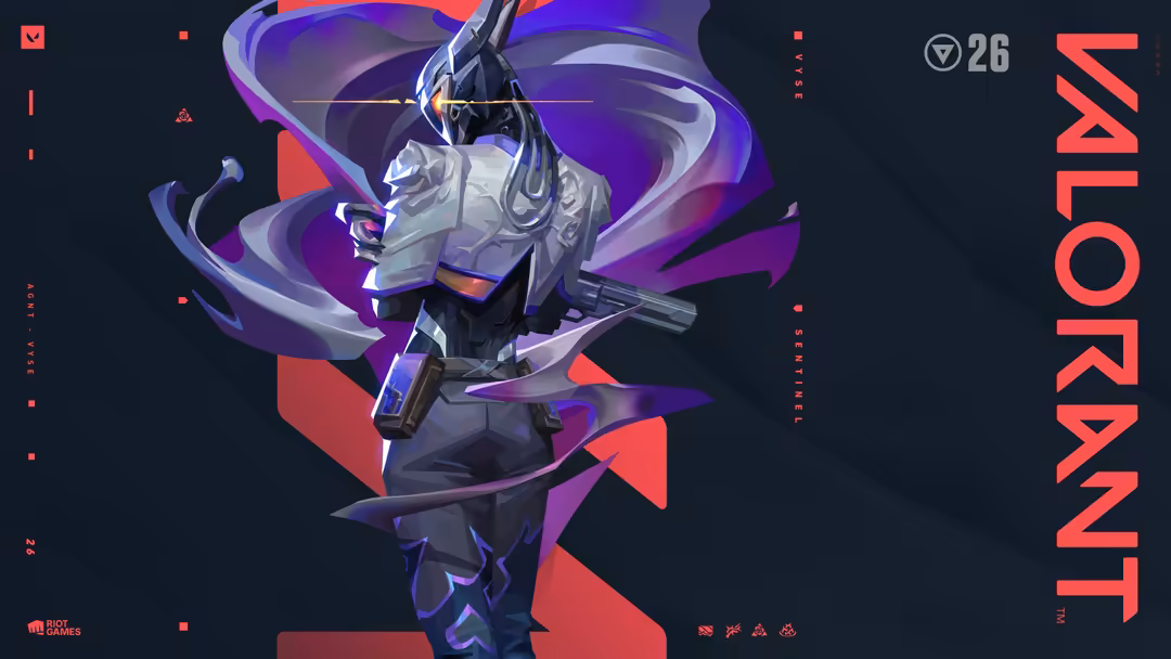 Vyse from Valorant in dynamic pose with purple and pink neon effects, wielding weapon, dark background