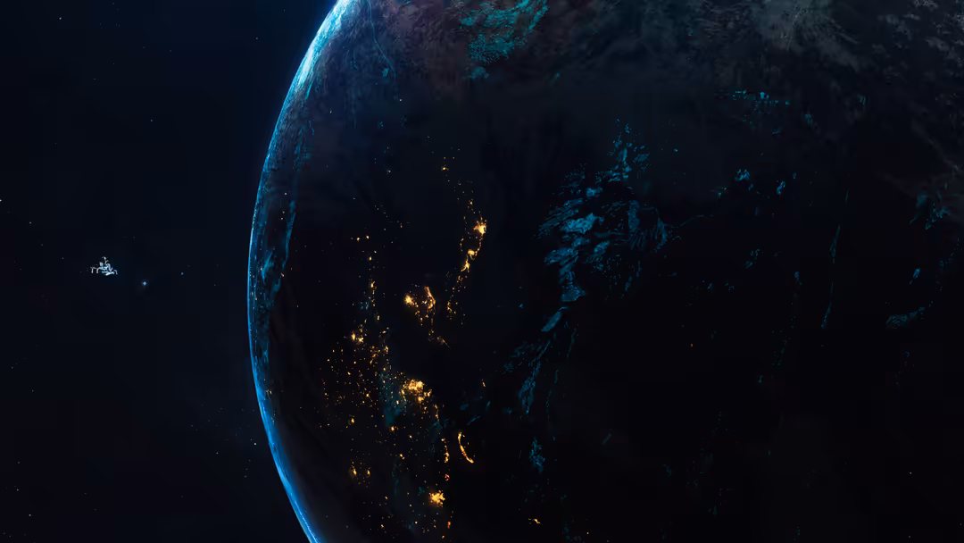 A planet resembling Earth viewed from space, with illuminated city lights across continents and a glowing blue atmosphere aga