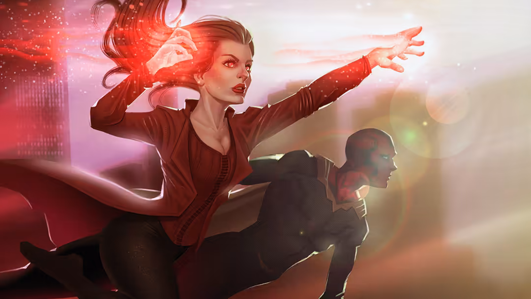 Woman with flowing red hair in red jacket striking dynamic pose with glowing effects and cityscape background