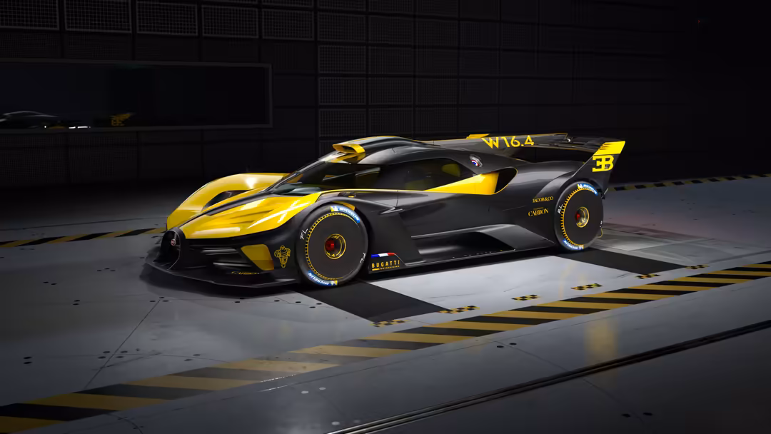 Yellow and black Bugatti Bolide hypercar displayed in modern garage with dramatic lighting and racing stripes on floor