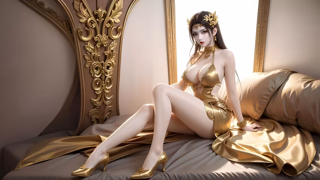 Elegant animated woman in gold dress sitting on luxurious sofa with ornate golden decor and bright backlighting