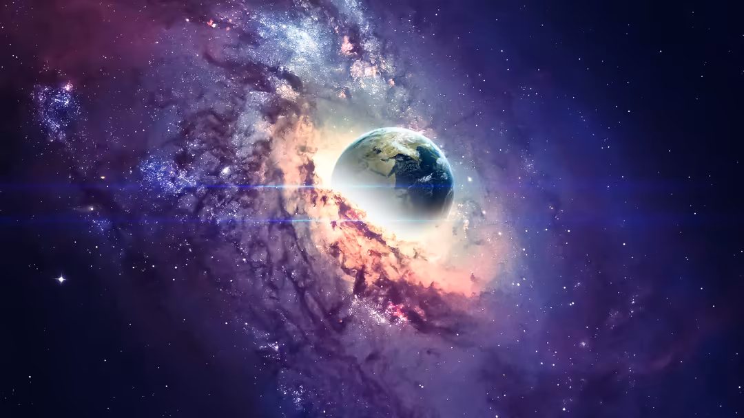 Earth planet surrounded by vibrant purple and pink nebula clouds with glowing stars scattered across the cosmic space backgro