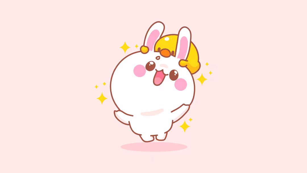 Adorable kawaii bunny character with white fluffy body wearing oversized yellow headphones and holding bananas against soft p