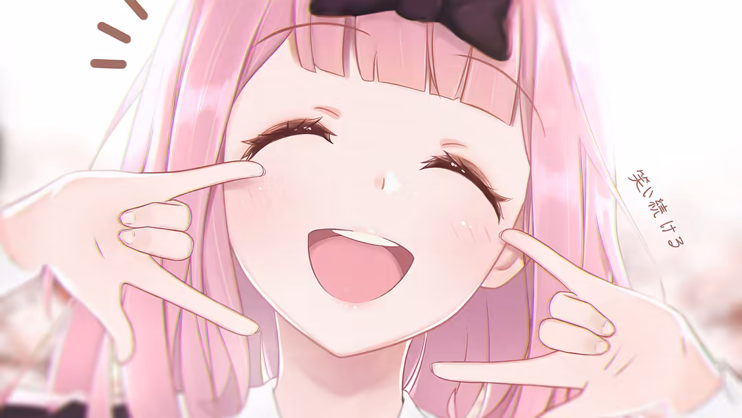 Anime character with pink hair and bangs laughing with eyes closed, soft pastel pink and cream color palette with delicate…