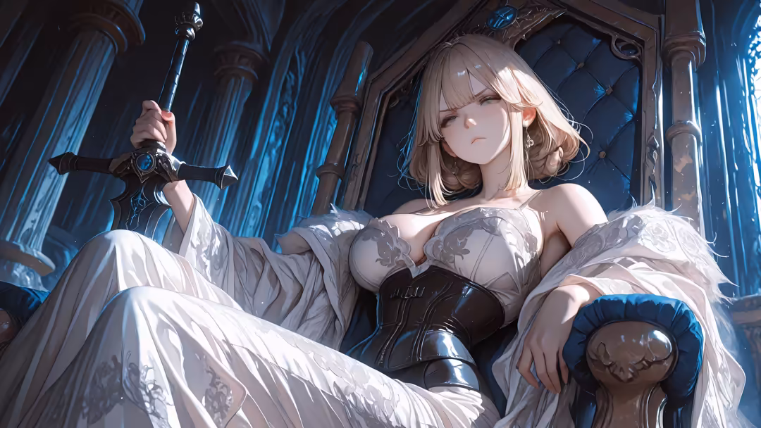 Anime character in ornate dark armor and flowing white gown, holding an elegant sword while seated on a grand throne in a blu