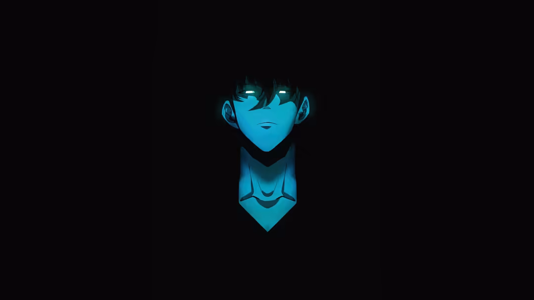 Anime character with glowing cyan eyes and dark hair against black background, wearing futuristic armor with neon accents