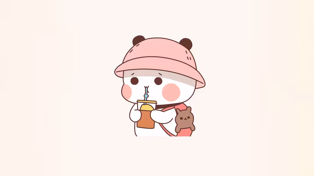 Cute kawaii character with round face wearing a pink bear hat holding a warm beverage and small teddy bear on cream backgroun