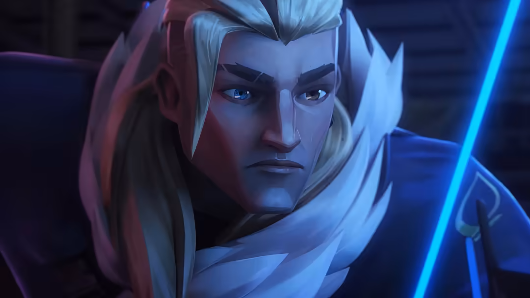 Animated character Sova from Valorant with white hair, blue eyes, tactical markings, illuminated by vibrant blue and purple n