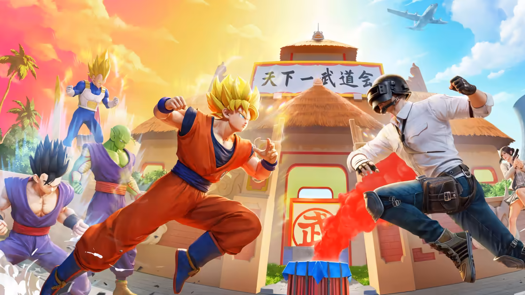 Dynamic anime scene featuring iconic Dragon Ball Z characters in martial arts battle stance at a traditional dojo with golden