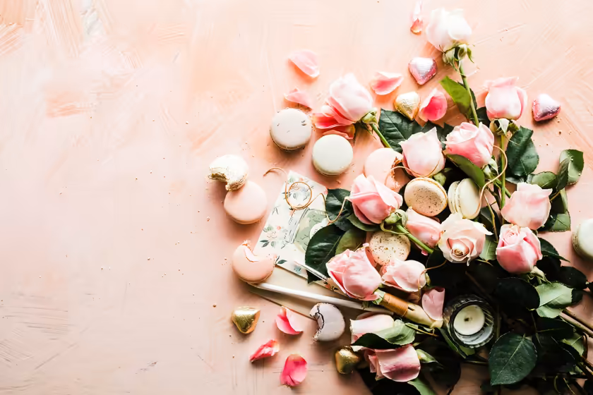 Pink Roses And Macarons Flatlay