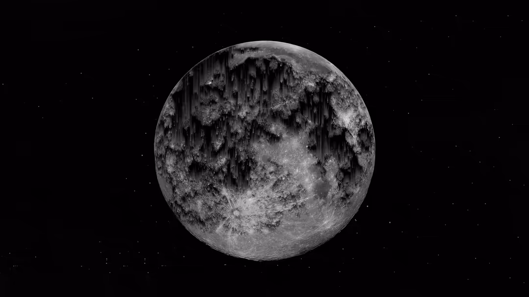 Detailed grayscale image of full moon with visible craters and surface features against black starry space background